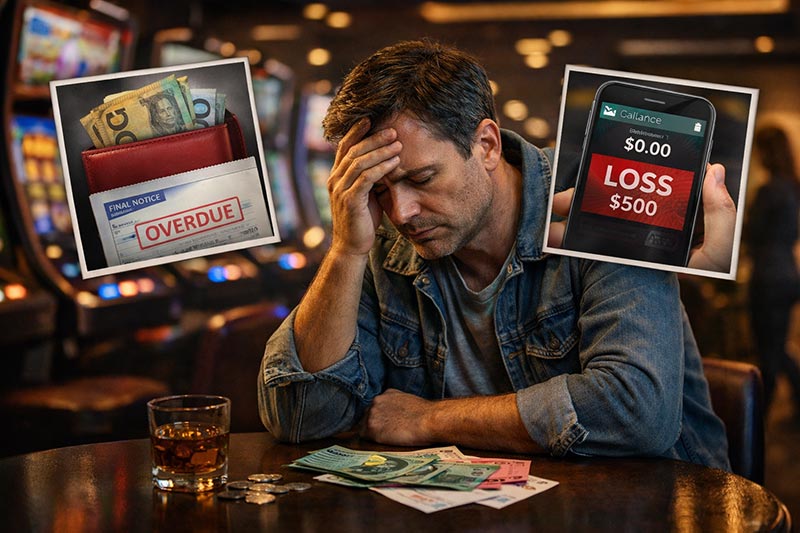 llustration showing signs of problem gambling with a distressed man at pokies, overdue bills, cash on the table and a mobile app displaying gambling losses.