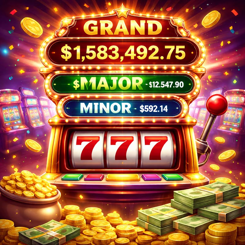 slot machine with three progressive jackpots labelled Grand, Major and Minor, showing different prize amounts above the reels with coins and cash around it.