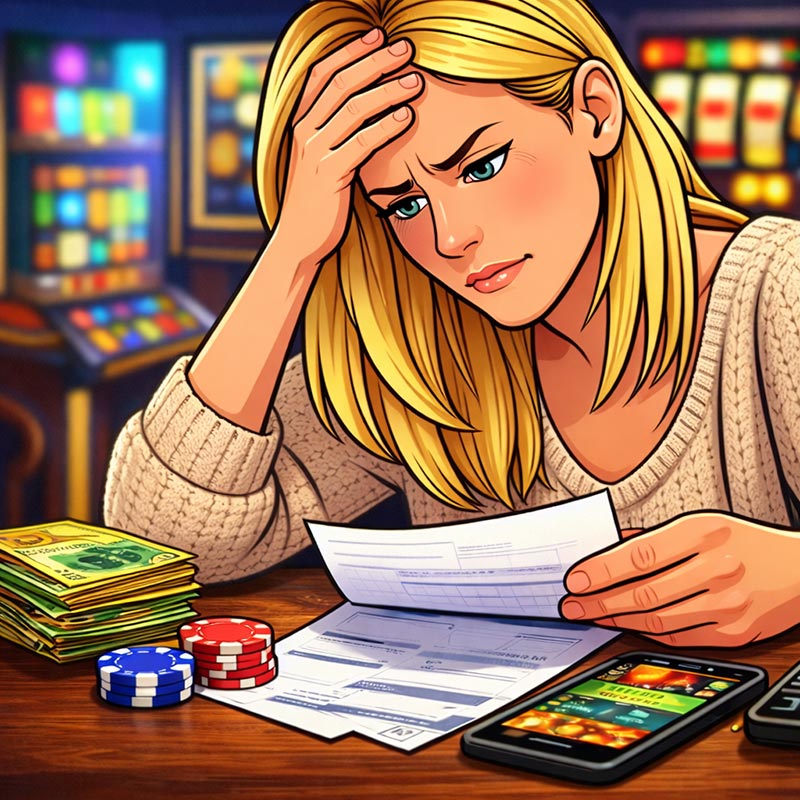 stressed woman reviewing bills beside cash and an online pokie app.
