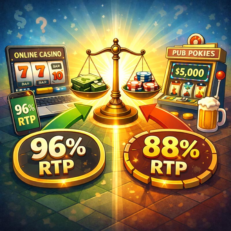 illustration comparing pokie RTP with 96% online casino return to player and 88% pub pokies RTP, explaining how RTP works in slot games