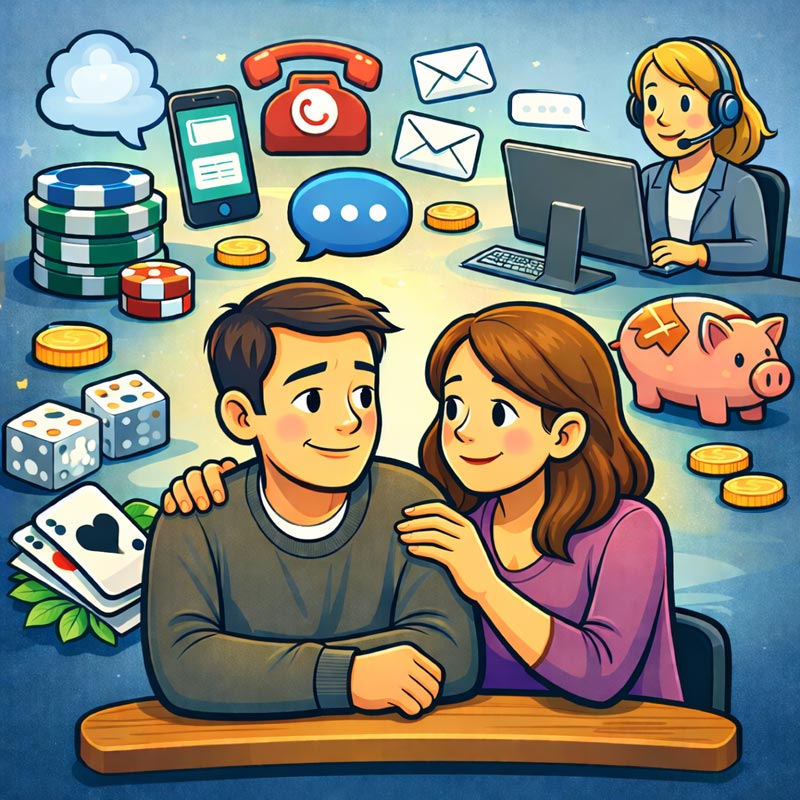 Couple sitting together, with the woman supporting the man as gambling help symbols appear in the background.